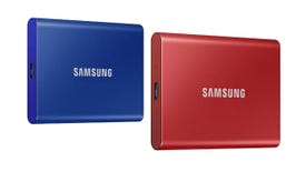 Samsung T7 portable SSD in red and blue