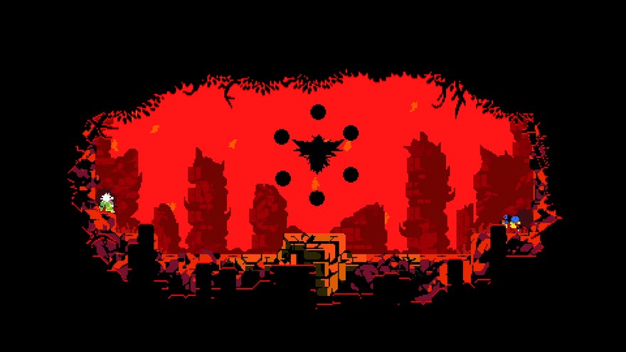 A screenshot of Samurai Gunn 2. The scene is surrounded by black, teh sky is blood red, a strange black shape floats in the middle. A dog-like pixel character is at the left.