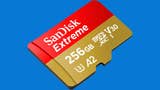 SanDisk's 256GB Extreme SD Card on a blue background