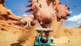 A big monster dives at a little golf cart car in a desert in Sand Land.