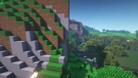 A Minecraft screenshot of a landscape displayed using the Sapixcraft Texture Pack.