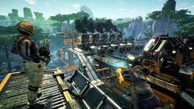 The player overlooks their factory creation with a friend in Satisfactory