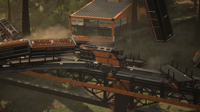 A train wreck in a Satisfactory screenshot.