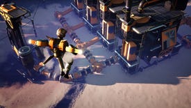 A screenshot of Satisfactory showing a player hovering in the foreground using the Hoverpack added in update 4. The player is looking at machinery.