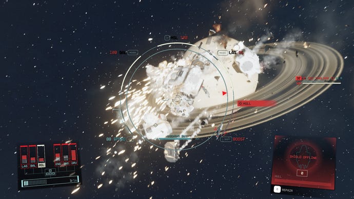 An image of the player's ship exploding near Saturn in Starfield.