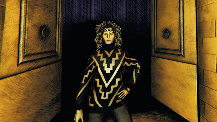 Anita, one of the player characters in Saturnalia, standing between open church doors, and lit in a strange, yellowish light