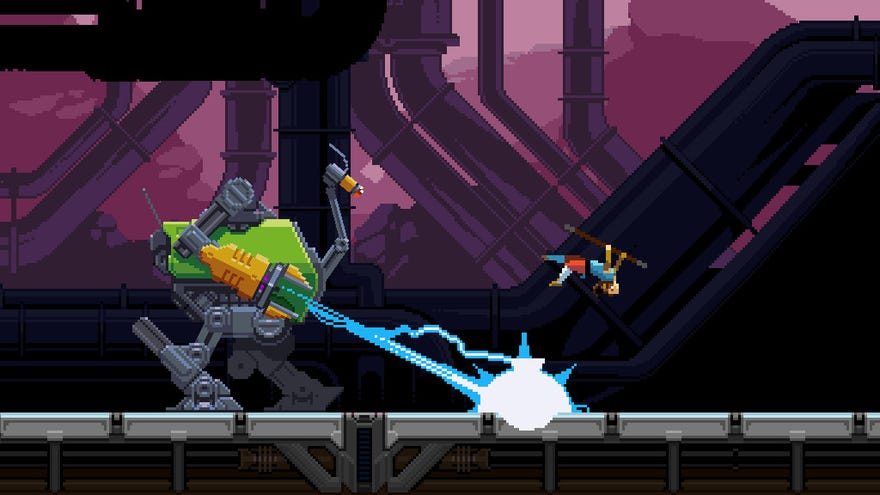 A screenshot of Saviour, showing a 2D pixel protagonist doing a backflip to avoid the laser fire of a stompy looking mech.