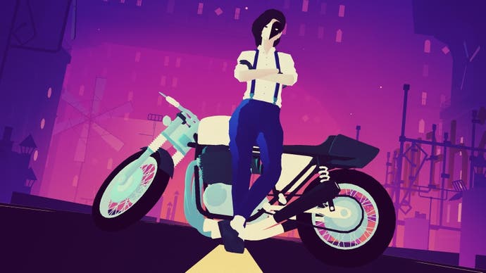 A Sayonara Wild Hearts screenshot showing a masked woman in jeans and braces leaning against a motorcycle in a stylised, purple-hued world.