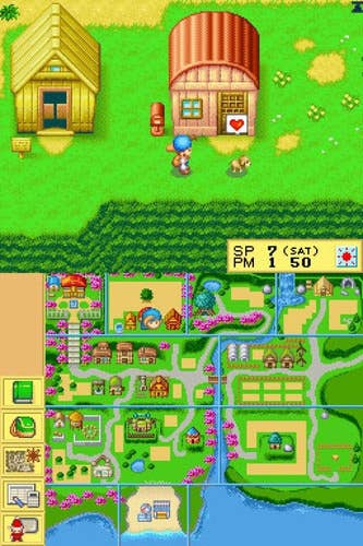 The player is shown outside of their home with their pet dog, above a screen displaying the map of Forget Me Not Valley in Harvest Moon DS