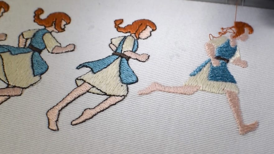 An embroidered animation of a girl running in Scarlet Deer Inn