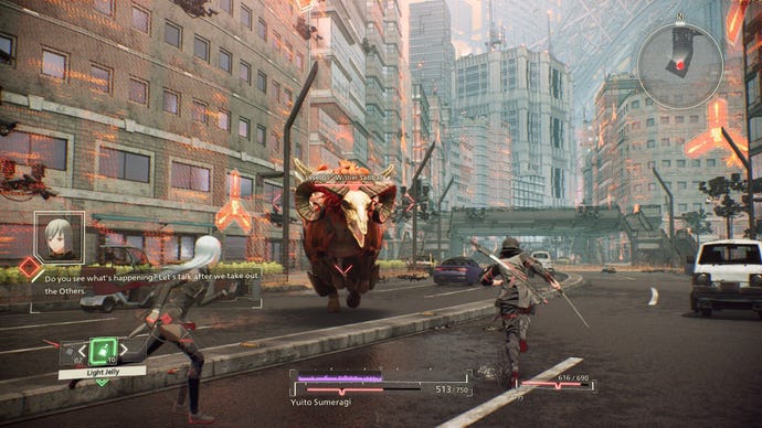 A bull monster charges towards two humans in a city battle scene in Scarlet Nexus