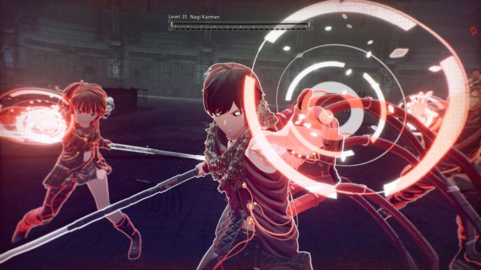 A close-up of two characters holding weapons and holding out their hands to form red energy orbs in Scarlet Nexus
