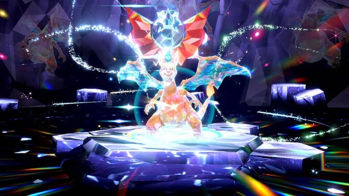 Pokemon Scarlet and Violet Hidden Abilities: A large, animated red dragon with blue wings is standing in the middle of a purple crystal cave. A large blue crystal formation is sprouting from its head
