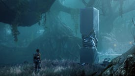 A woman stands alone on a blue-ish alien planet in front of a large stone monolith in Scars Above