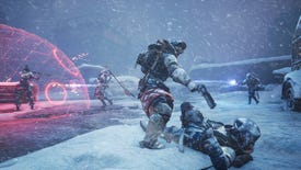 Scavengers - A player with a pistol threatens another player lying in the snow while two other players fight in the background near a red, translucent bubble shield.