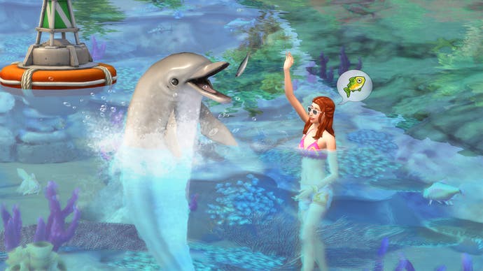Die Sims 4 Island Life Artwork zeigen eine Sim und ein Delphinschwimmen