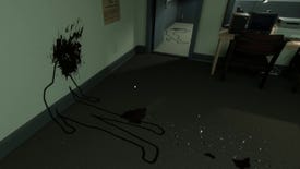 A crime scene from Scene Investigators showing two body outlines and blood spatter, one against a wall and one through the doorway in the other room