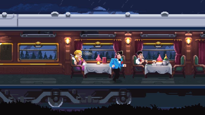 A man in a blue suit walks through a train dining car in Loco Motive