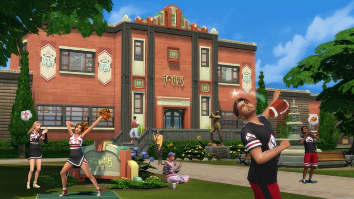 Die Sims 4 Gymnasial -Kunstwerke zeigen Highschool -Schüler, die außerhalb ihrer Schule rumhängen