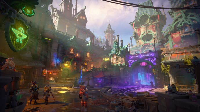 Wayfinder screenshot showing an elaborate fantasy town during the day, with purple and green neon lighting and three heroes in the bottom left foreground.