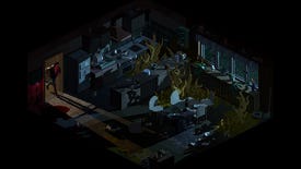 A shadowy room full of tentacles and wreckage in pixelart horror game Holstin, with the main character peering through a door from a well-lit room.