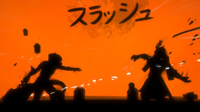 A still from 2D samurai fighting game Sclash, showing the silhouettes of the fighters against an orange background