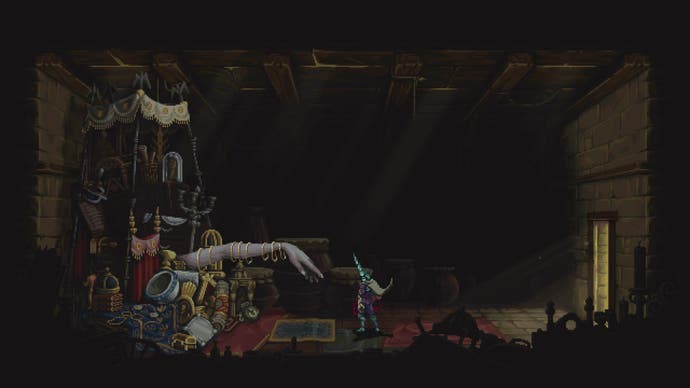 Blashphemous 2 screen showing player looking towards a pile of junk in a dark dungeon chamber, with a giant grey arm sticking out of it