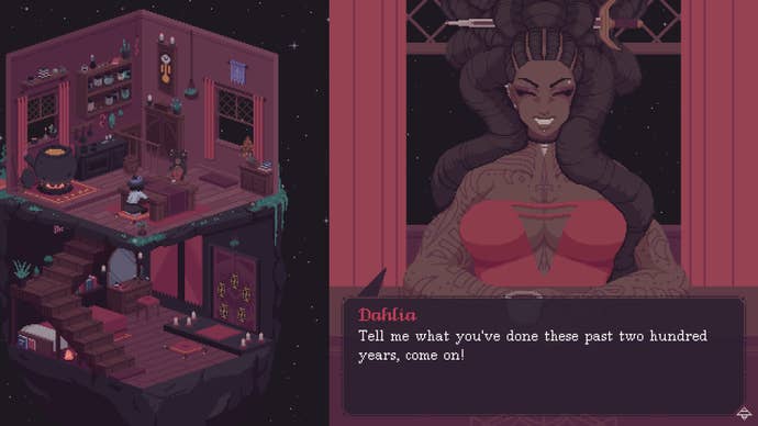 The player speaks with Dahlia following their centuries-long exile from their coven in The Cosmic Wheel Sisterhood