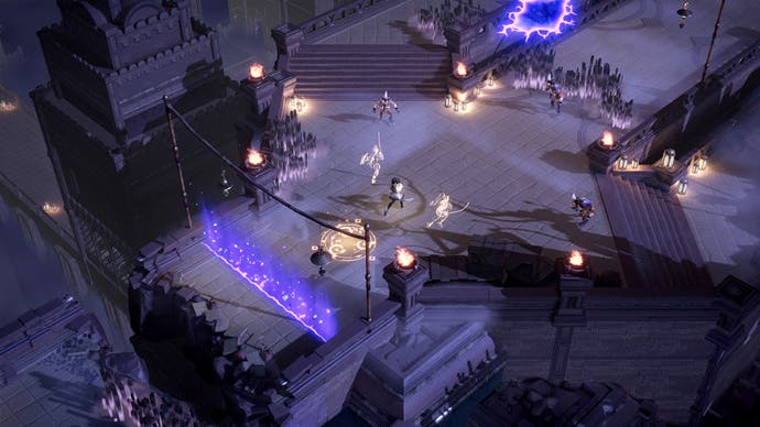 Lysfanga promo screenshot showing the character in a distant overhead view against a purple-tinged world, splitting into three to attack enemies