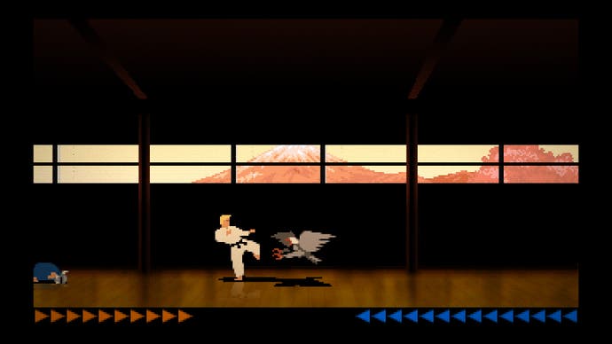 The Making of Karateka - a screen showing the hero fighting a bird.