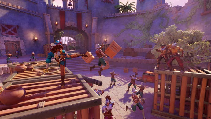 En Garde! screenshot showing the female character booting some soldier off the top of a big crate, with more fighting down below.