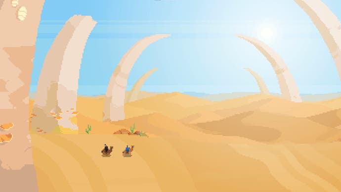 Two tiny pixelated camel riders make their way across a sun bleached desert that's flanked by huge, towering bones.