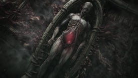 A humanoid figure with a red glowing tummy lies in a gross pod in Scorn