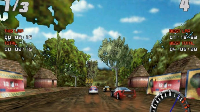 A screenshot from Screamer 2 which shows drivers race through a small village on a dirt track.