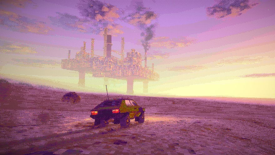 A car drives towards an industrial city standing on legs above the wasteland in a Fumes screenshot.
