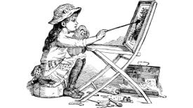 A young girl sat on a cushion paints a painting using a chair as an easel in an illustration from 'Lotus Bay. A summer on Cape Cod'.