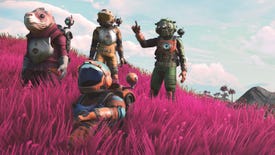 No Man's Sky - Four space suit-wearing characters stand and sit together in tall, pink grass looking up into the sky.