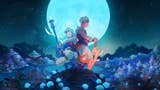 Sea of Stars key art showing a male and female character standing back to back on a mount above a world of forests, rivers and mountains, lit in the blue light of a giant moon in the sky.