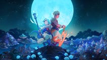 Sea of Stars key art showing a male and female character standing back to back on a mount above a world of forests, rivers and mountains, lit in the blue light of a giant moon in the sky.