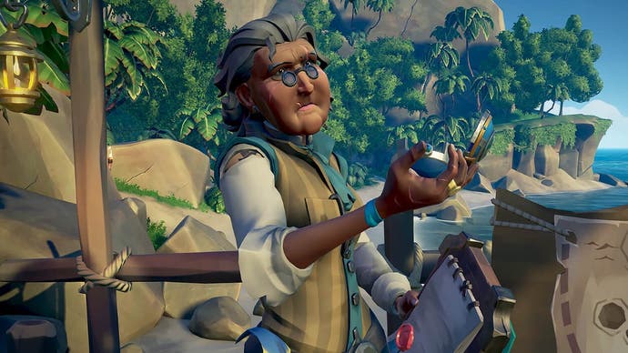 A screenshot from Sea of Thieves showing a female Merchant Alliance representative standing with an open pocket watch held aloft at an outpost.