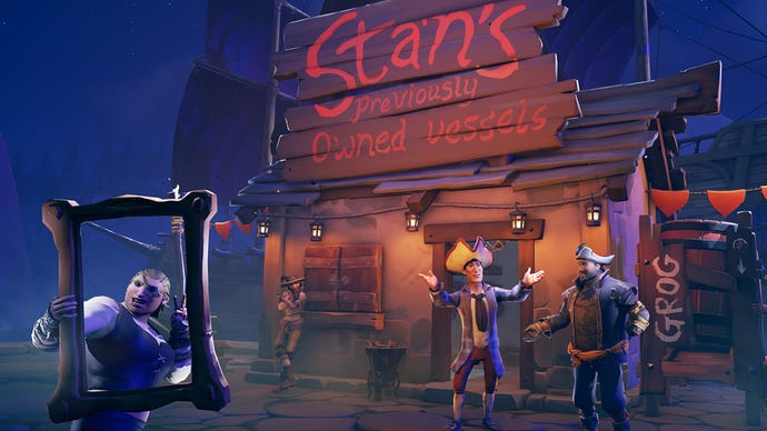 Im Crossover „Legend of Monkey Island“ von Sea of ​​Thieves stehen Piraten vor Stans ehemaligen Schiffen