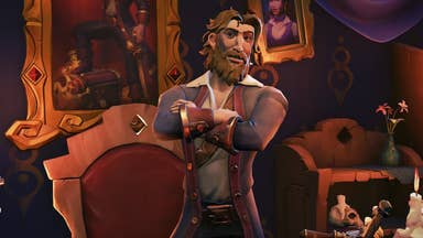 Guybrush Threepwood, newly bearded mighty pirate, stands with his arms crossed in the Governor's Mansion.