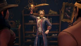 Guybrush Threepwood (unshaven for several weeks) brandishes his sword in a cutscene from the Sea Of Thieves expansion The Legend Of Monkey Island