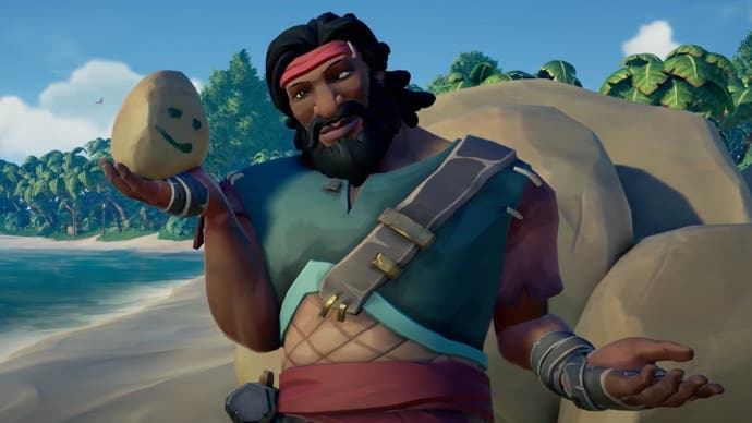 A Sea of Thieves screenshot showing a pirate stood on a beach and holding his pet rock aloft.