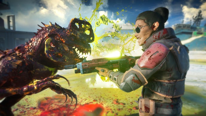 A man in space marine armour and sunglasses fires a gun directly into the chest of a skeletal dinosaur creature, which is bleeding both red and bright green.