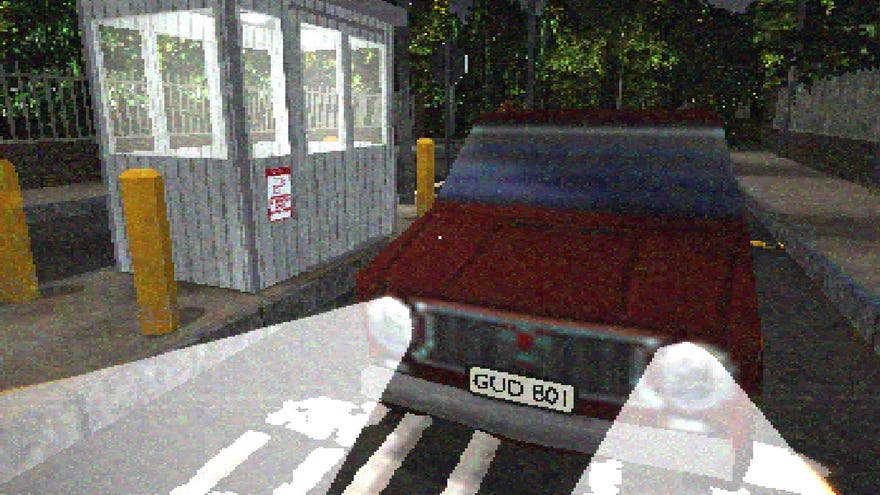 Security Booth - A red car with the license plate "Gud Boi" waits beside a security booth with its lights on at night.