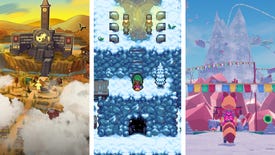 A composite image made of thirds of screenshots from three different games, L-R: Escape Academy; Coromon; Lunistice