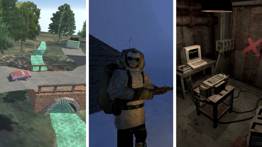  a car crossing a bridge in Sebil Engineering; a sled dog musher staring at the player character in That Which Gave Chase, and a bleak underground room containing a CRT computer in Unsorted Horror
