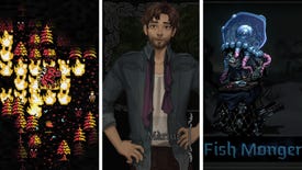 A composite image of three screenshots of different games: a little monster surrounded by flames in Moonring; a dapper young gentleman in Amarantus; a creepy fishmonger from Darkest Dungeon