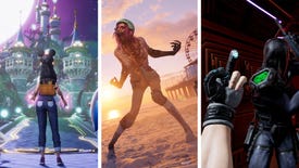 A composite image of three screenshots from different games: the player character looking at the palace in Disney Dreamlight Valley; A zombie on the beach in Dead Island 2; the player giving the finger to an enemy in the System Shock remake